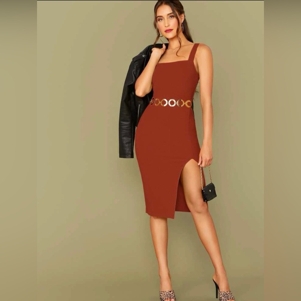 Bae slit brown midi dress large square neck pattern fall fashion minimalist